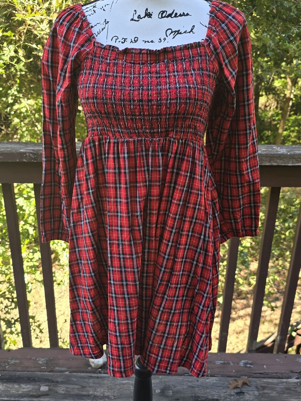 Old Navy Red Plaid Smocked Square-Neck Mini Dress